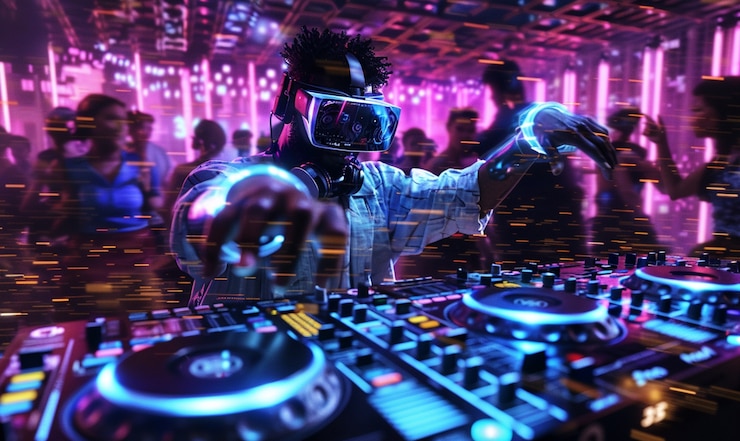Foto gratuito set futurista con dj a cargo de la música usando gafas de realidad virtual
