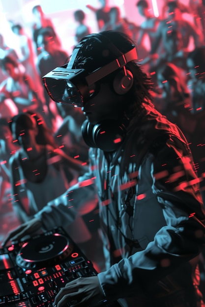 Foto gratuita set futurista con dj a cargo de la música usando gafas de realidad virtual