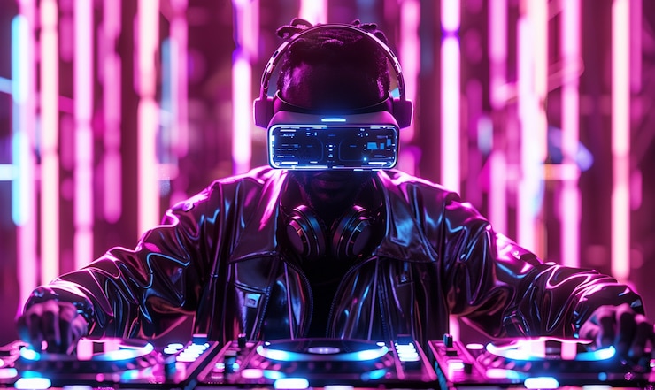 Foto gratuito set futurista con dj a cargo de la música usando gafas de realidad virtual