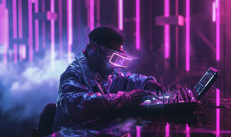 Foto gratuito set futurista con dj a cargo de la música usando gafas de realidad virtual