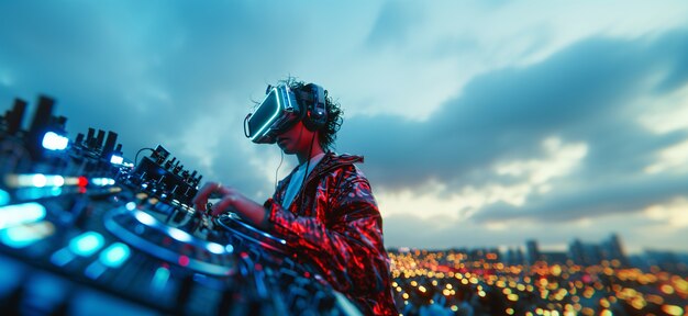 Set futurista con DJ a cargo de la música usando gafas de realidad virtual