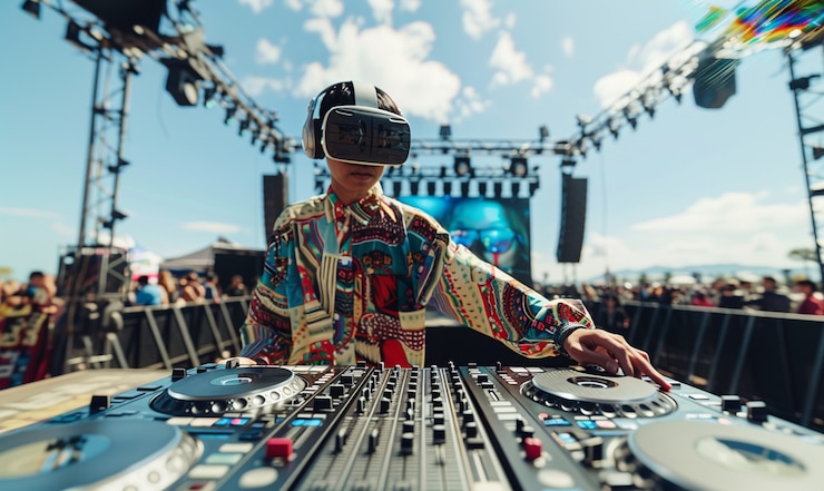 Foto gratuito set futurista con dj a cargo de la música usando gafas de realidad virtual