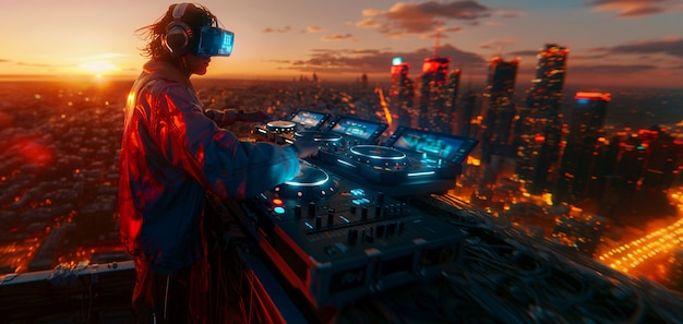 Set futurista con DJ a cargo de la música usando gafas de realidad virtual