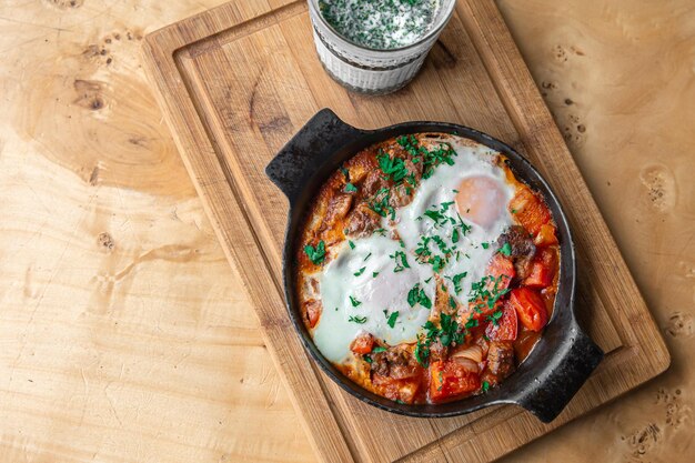 Shakshuka en una sartén y un vaso de ayran comida sana y sabrosa