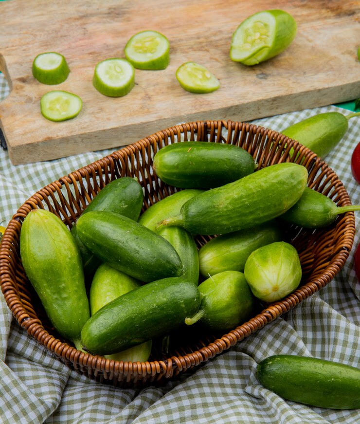 Photo Gratis side view of cucumbers in basket with sliced cucumber on cutting board on plaid cloth