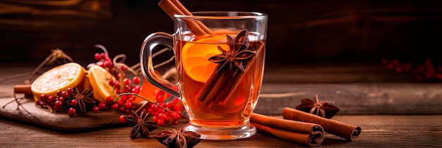 Foto gratuita sidra de manzana caliente caliente con palitos de canela clavos y anís en una mesa de madera