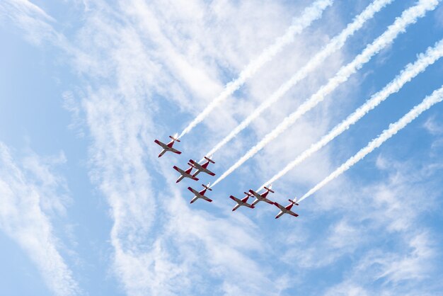 Siete aviones de combate volando en el cielo.