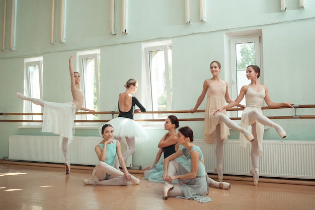 Foto gratuita las siete bailarinas en la barra de ballet