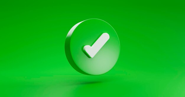 Signo de icono de símbolo de marca de verificación verde correcto o correcto aprobar o concepto y confirmar ilustración aislada en representación 3D de fondo verde