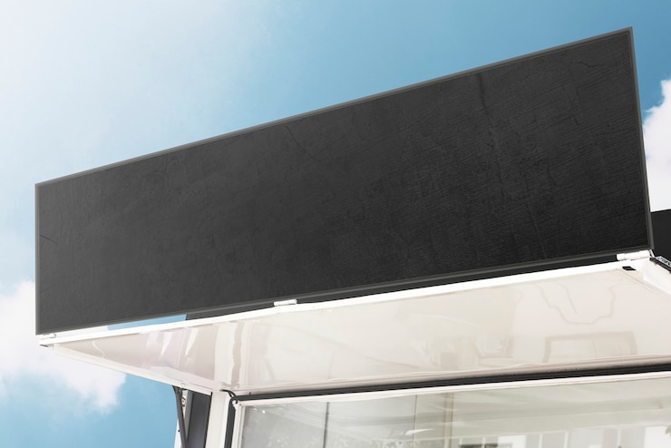 Foto gratuito signo de la tienda en blanco contra el cielo azul