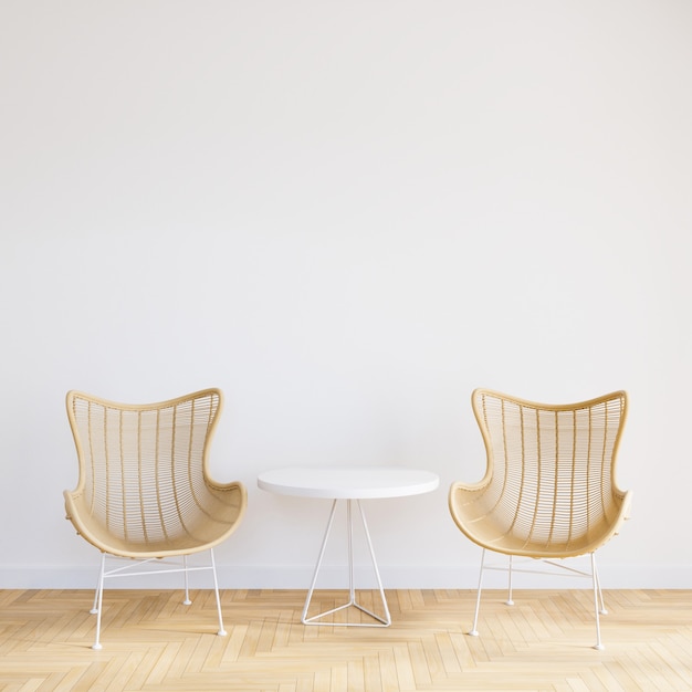 Silla de madera en el interior de la sala de estar blanca con mesa en blanco para maqueta