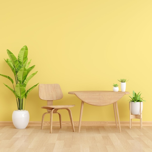 Silla y mesa en salón amarillo con espacio para copiar