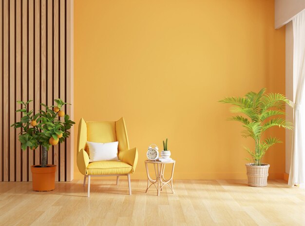 Sillón amarillo en salón con espacio para copiar