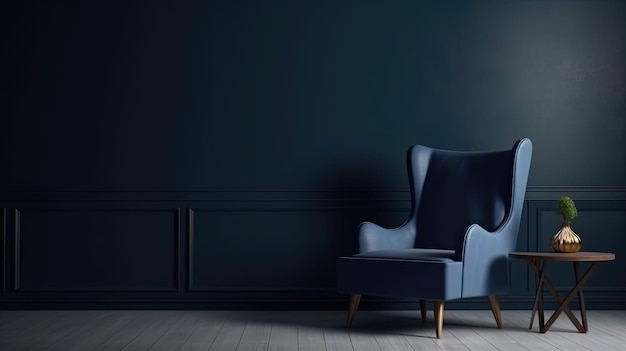 Sillón azul contra la pared azul en el interior de la sala de estar Diseño interior elegante con espacio de copia Ai generativo