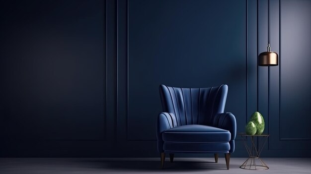 Sillón azul contra la pared azul en el interior de la sala de estar Diseño interior elegante con espacio de copia Ai generativo