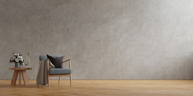 Sillón gris oscuro y una mesa de madera en el interior de la sala de estar con planta, muro de hormigón representación 3d