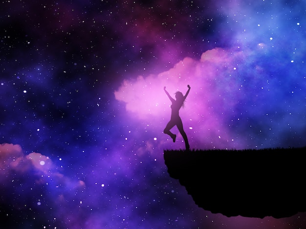 Silueta 3D de una mujer alegre contra un cielo nocturno espacial