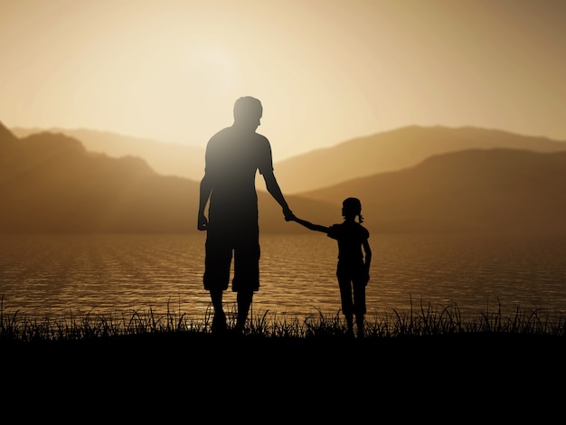 Silueta 3d De Padre E Hija Contra Un Paisaje De Mar Al Atardecer Foto Gratis Silueta 3d De Padre E Hija Contra Un Paisaje De Mar Al Atardecer Foto Gratis