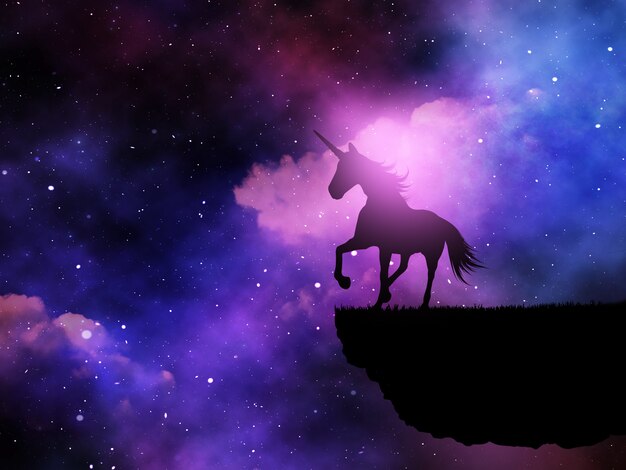 Silueta 3D de un unicornio de fantasía contra un cielo nocturno espacial.