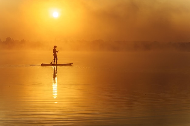 silueta, de, activo, hombre estar de pie, en, paddle, tabla