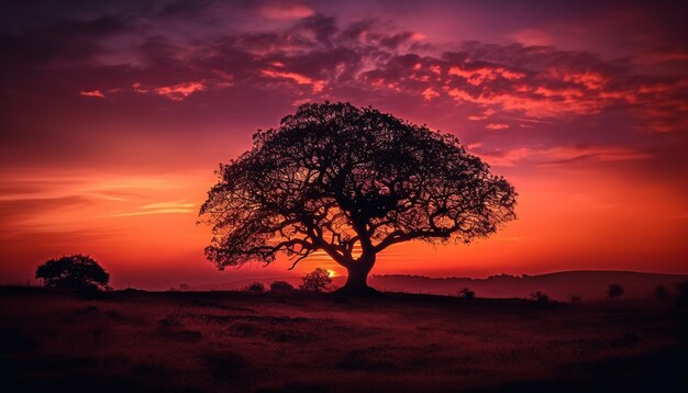 Silueta de árbol de acacia en un amanecer tranquilo y llano en África generado por IA