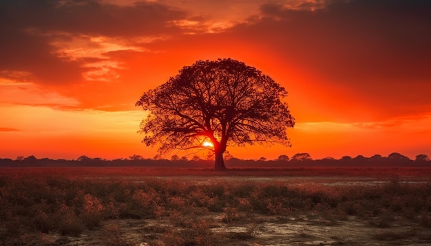 Silueta de árbol de acacia en puesta de sol dorada generada por IA