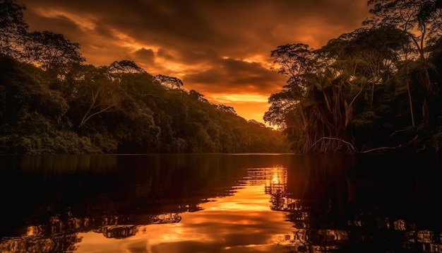 Silueta de un árbol contra el cielo anaranjado del atardecer generado por IA