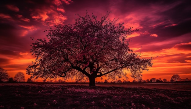 Silueta de árbol iluminada desde atrás por la puesta de sol generada por IA