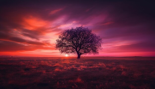 Silueta de árbol iluminada desde atrás por la puesta de sol generada por IA