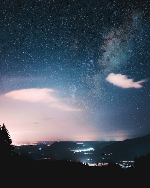 La silueta de los árboles bajo un hermoso cielo comienza a medianoche