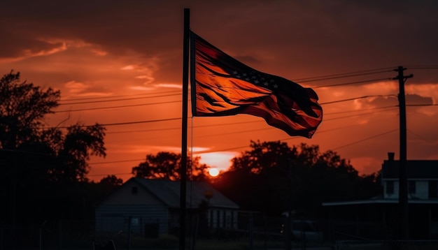 Foto gratuita silueta de una bandera ondeando contra el vibrante cielo del atardecer generado por ia