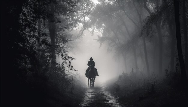 Silueta caminando por un bosque espeluznante en niebla IA generativa