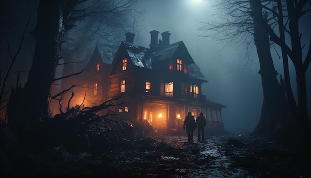 Silueta caminando por el bosque oscuro espeluznante noche de Halloween misteriosa niebla generada por inteligencia artificial
