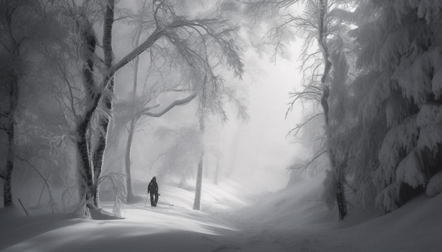 Foto gratuita silueta caminando a través del espeluznante misterio del bosque invernal generado por ia