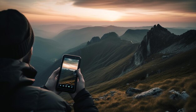 Silueta capturando el pico de la montaña en la aventura al atardecer generada por IA