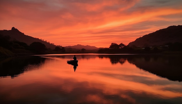 Foto gratuita silueta de dos hombres en kayak al atardecer generada por ia