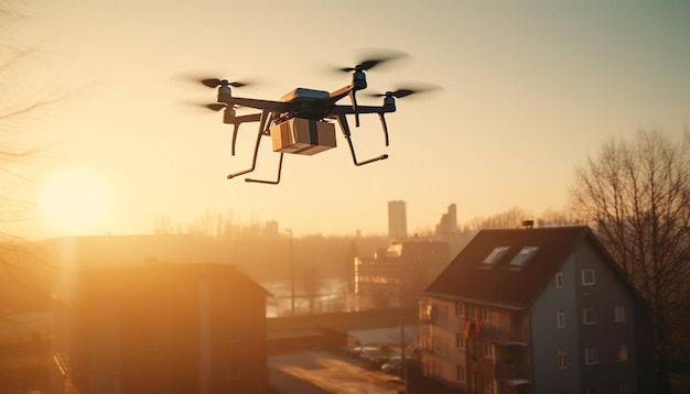 Foto gratuita silueta de un dron flotando en el aire al atardecer generado por ia