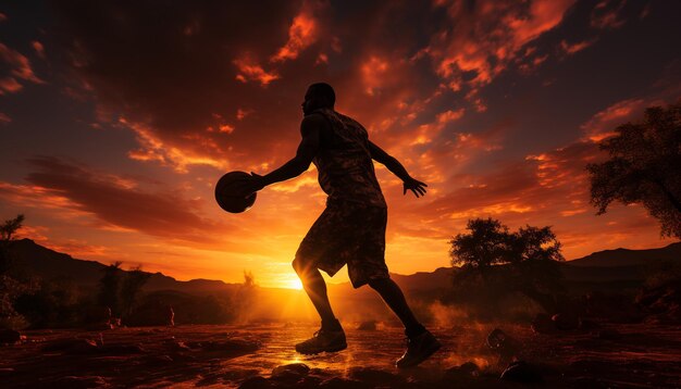 Silueta de un hombre atlético corriendo hacia la puesta de sol generada por inteligencia artificial