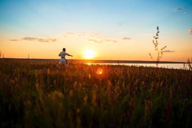 Silueta de hombre deportivo entrenamiento karate en campo al amanecer.