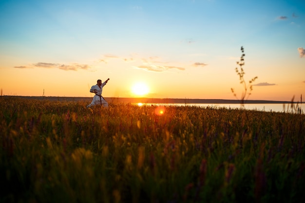 Silueta de hombre deportivo entrenamiento karate en campo al amanecer.