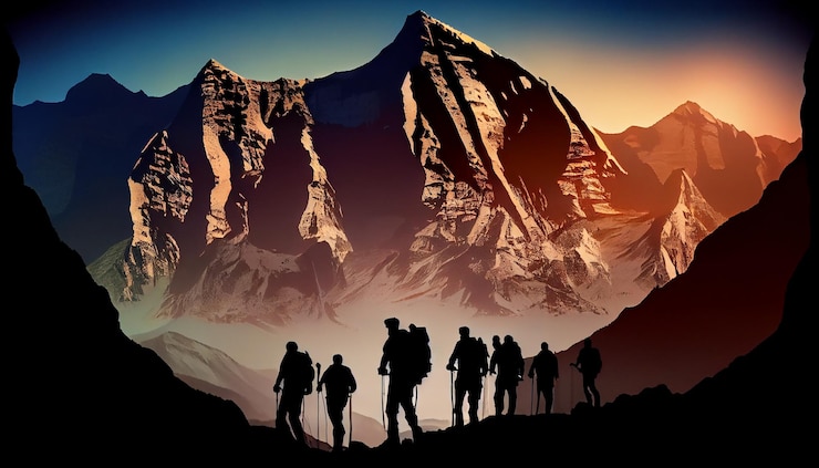 Foto gratuito silueta de hombres caminando por el pico de la montaña al atardecer ia generativa