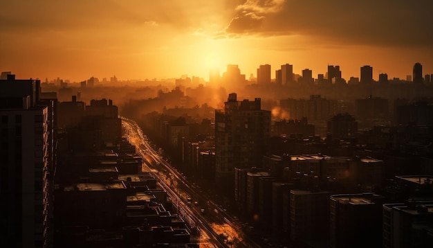 Silueta del horizonte de la ciudad al atardecer iluminada generada por IA