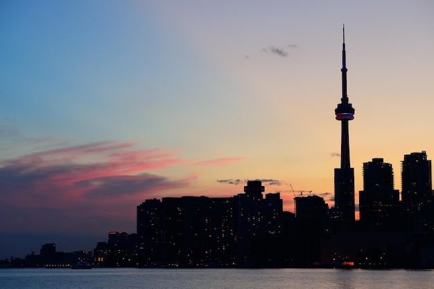 Silueta del horizonte de la ciudad de Toronto al atardecer sobre el lago con rascacielos urbanos.