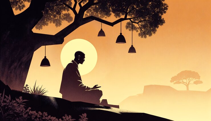 Foto gratuito silueta meditativa bajo un árbol al atardecer