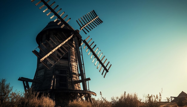 Silueta de molino de viento obsoleta iluminada por la puesta de sol un hito histórico generado por AI