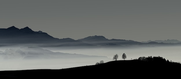 Silueta, de, montaña, durante, ocaso