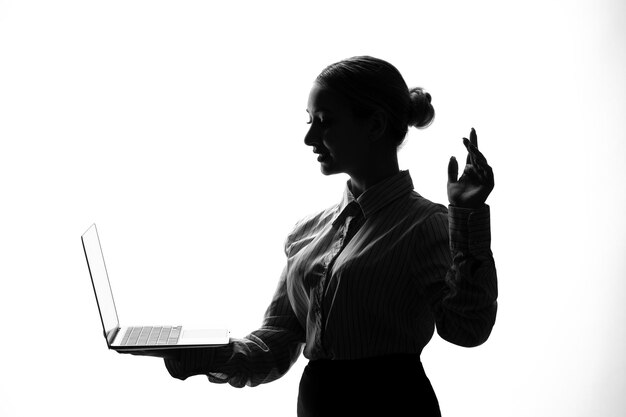 silueta, de, mujer, con, computador portatil, en, ella, manos, vista lateral, sombra, retroiluminado, joven