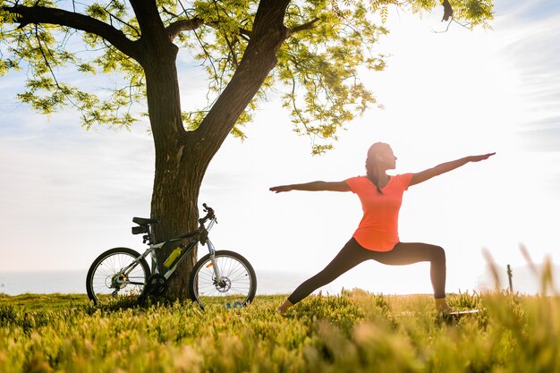 Silueta de mujer hermosa delgada haciendo deporte en la mañana en el parque haciendo yoga