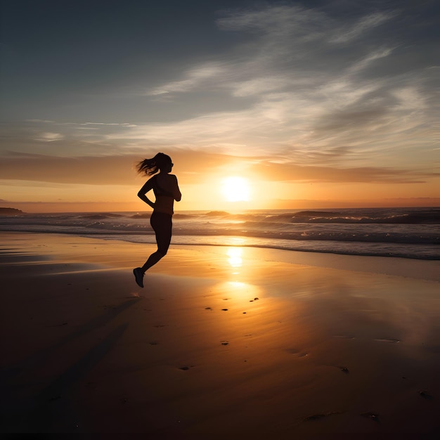 Silueta de una mujer joven corriendo por la playa al atardecer