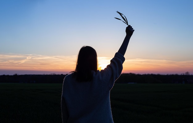 silueta, de, un, mujer, en, ocaso, en, un, campo, contra, el, cielo, vista trasera